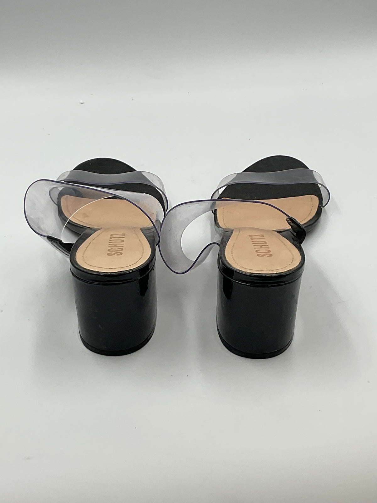 Schutz Victorie Clear Vinyl Double Strap Block Heel Slide Sandals Black Size 8.5 B