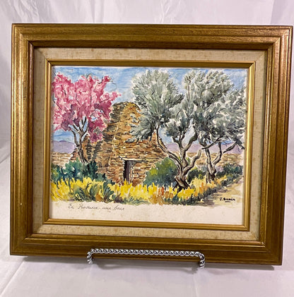 J. Suain Watercolor Painting En Provence Une Borie Wooden Framed