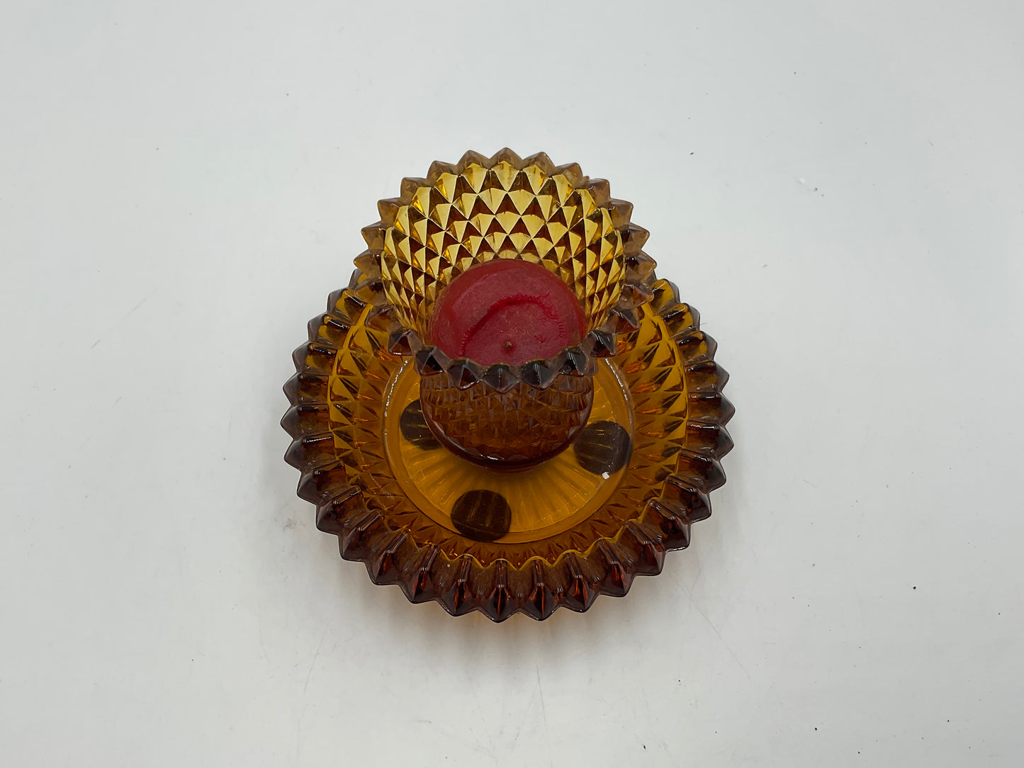 Set of 2 Vintage Diamond Cut Amber Glass Candle Holders