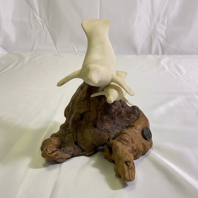 Florida Manatees White Pellucida Resin Sculpture on Burlwood by John Perry