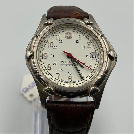 Wenger Vintage Swiss Military Watch Silvertone Case Brown Leather Band New Battery