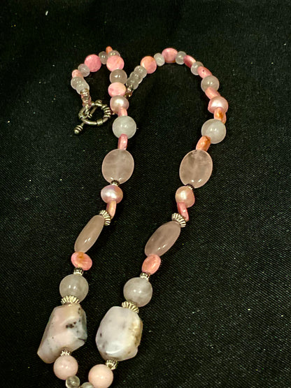 Pink and White Beaded Necklace with Pink Stone Pendant