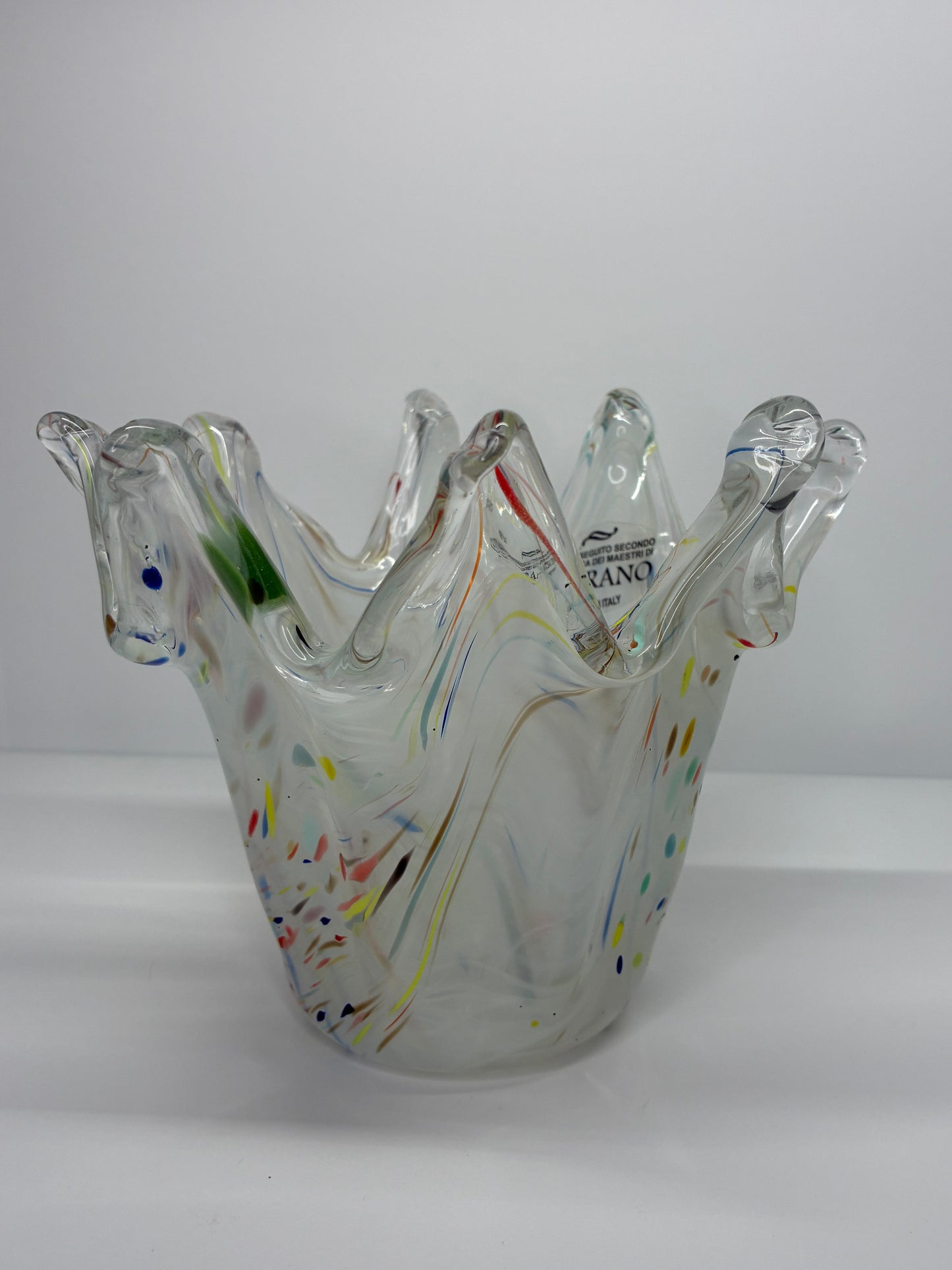 Murano Glass Authentic Italian Handmade Rainbow Speckled Crown Shaped Vase