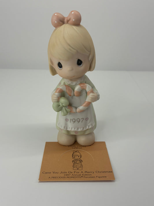 Precious Moments Vintage 1997 Annual Edition "Cane You Join Us For A Merry Christmas" Hand Painted Porcelain Collectible Figurine Original Box