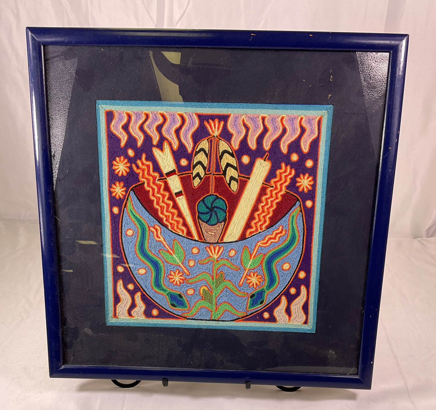 Huichol Yarn Painting The Ceremonial Offering Bowl Framed 17in x 17in