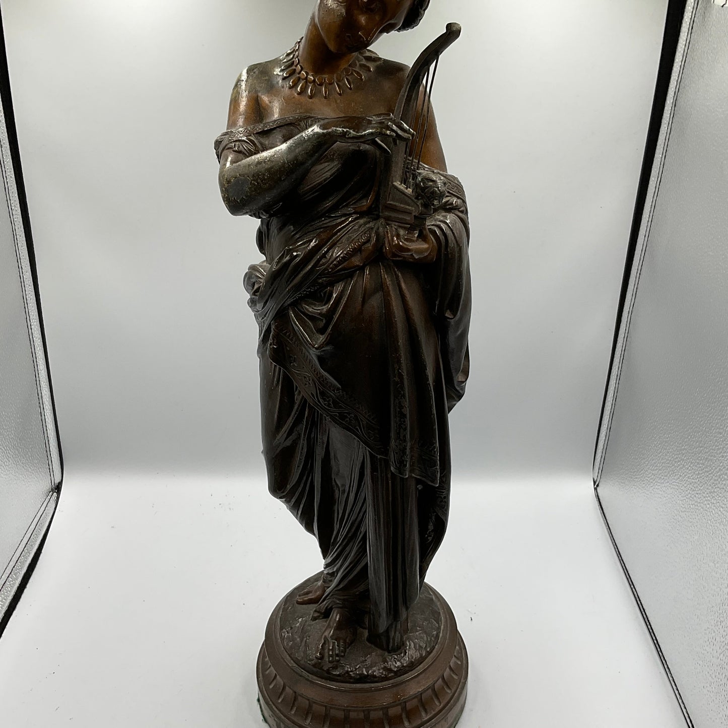 Painted Bronze Neoclassical Sculpture Lady with Lyre