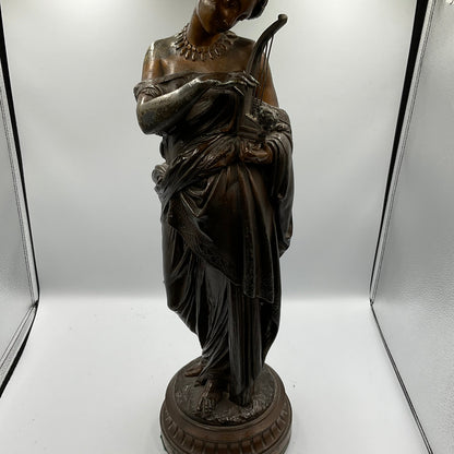 Painted Bronze Neoclassical Sculpture Lady with Lyre