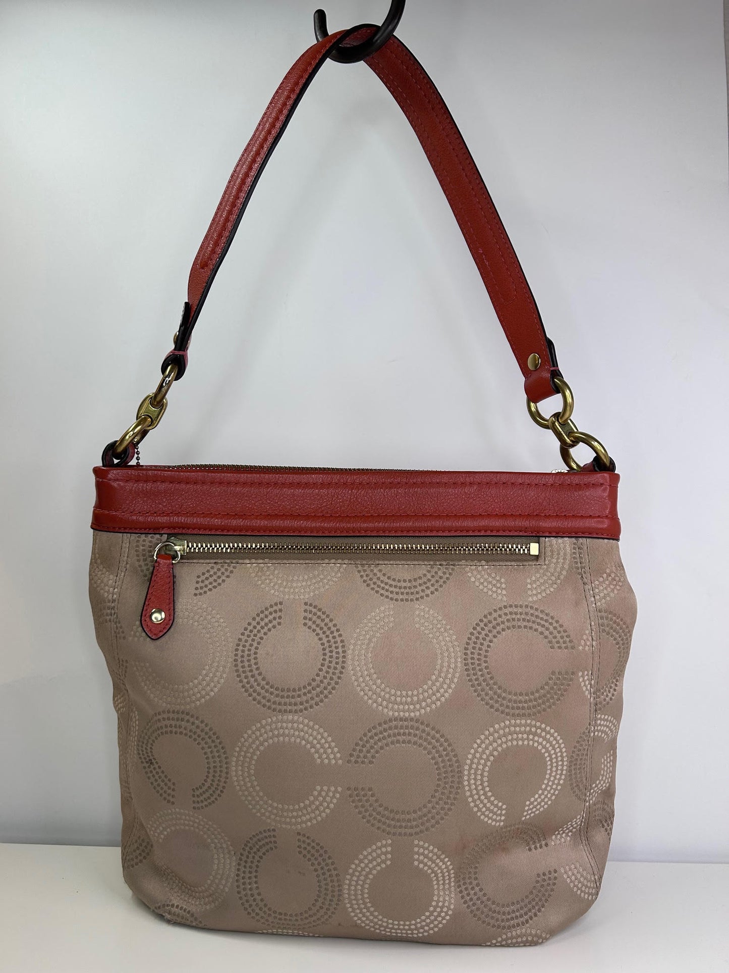 Coach Ashley Op Art Dotted Shoulder Bag Tan with Orange/Salmon Leather Accent