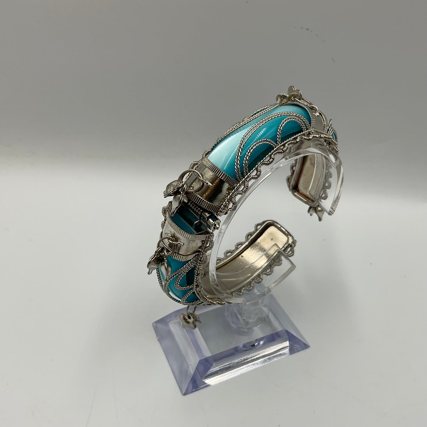 Hinged Bangle Teal Filigree Work with Small Dangled Charms