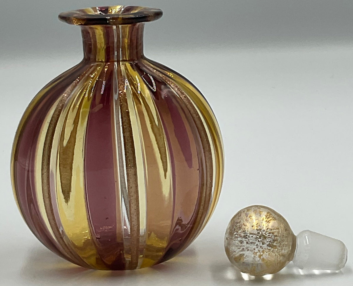 Murano Style Striped Art Glass Bottles Gold Aventurine Stoppers Set of 2
