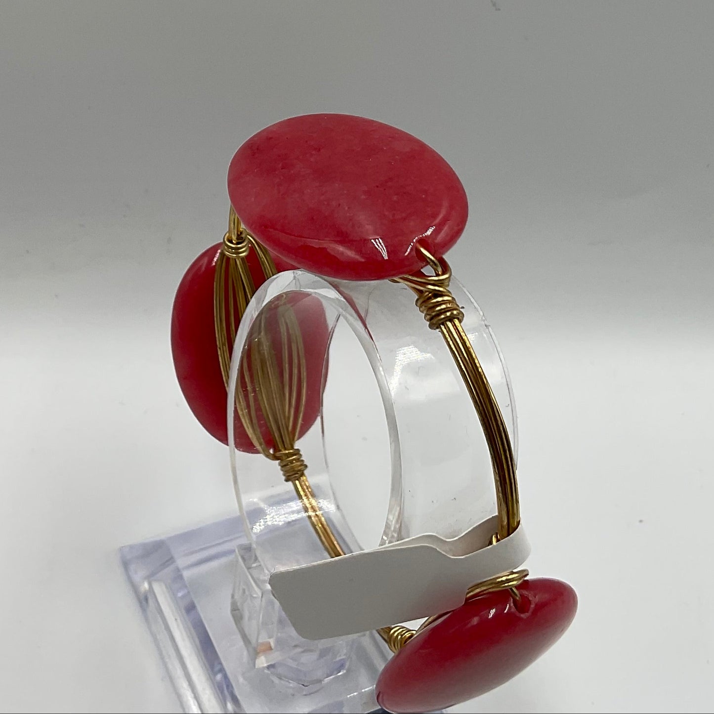 Bourbon and Boweties Gold Tone Wire Bangle Large Pink Stones