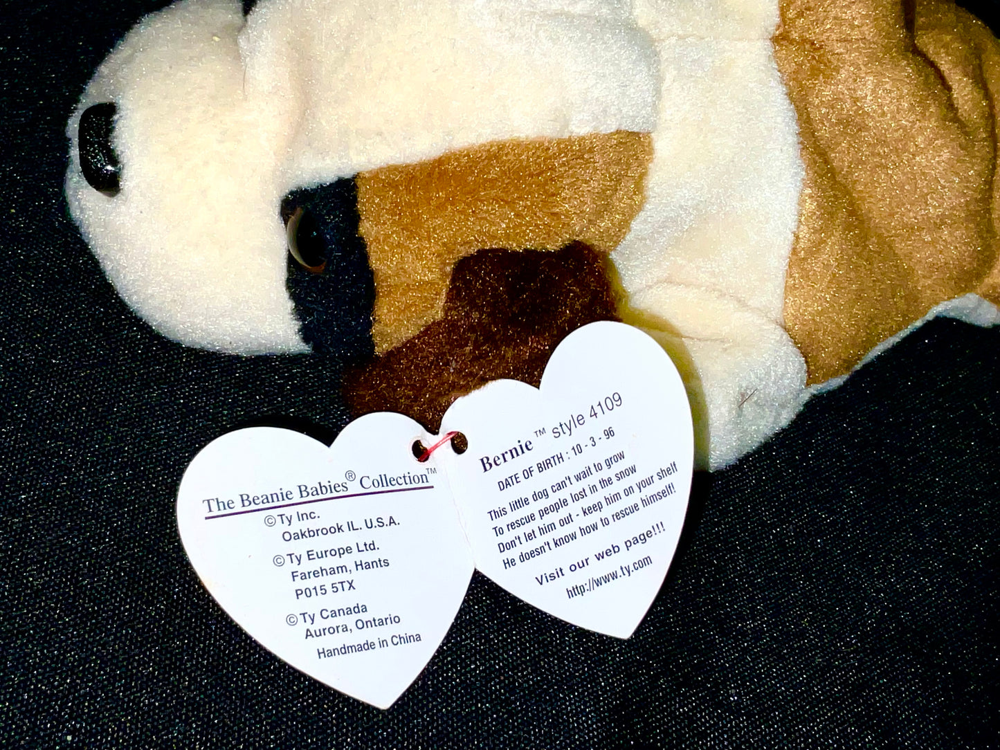 Bernie the St. Bernard Dog Vintage 1996 Ty Beanie Babies Plush with Tag in Protector