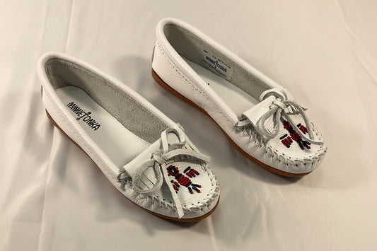 MINNETONKA White Leather Beaded Thunderbird Indian Moccasin Loafers Women's Shoes Size 5.5