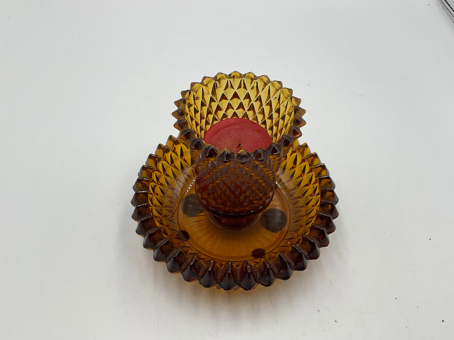 Set of 2 Vintage Diamond Cut Amber Glass Candle Holders