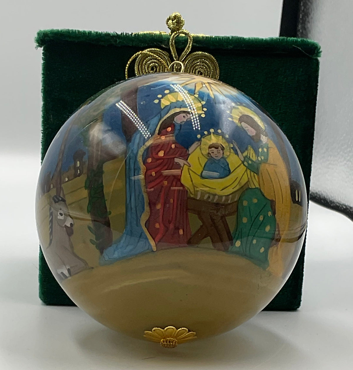 Pier 1 Li Bien Nativity Christmas Ornament Hand Painted Inside Glass Green Box