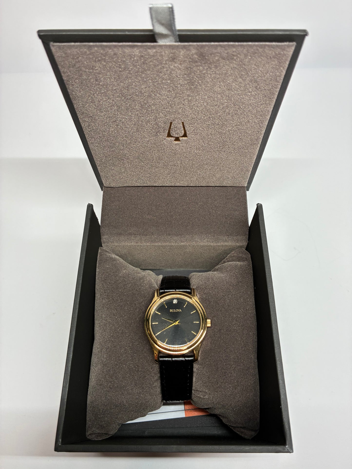 Bulova Diamond Accent Corporate Collection Women's Watch New in Original Box Gold-Tone Sunray Dial Black Leather Straps