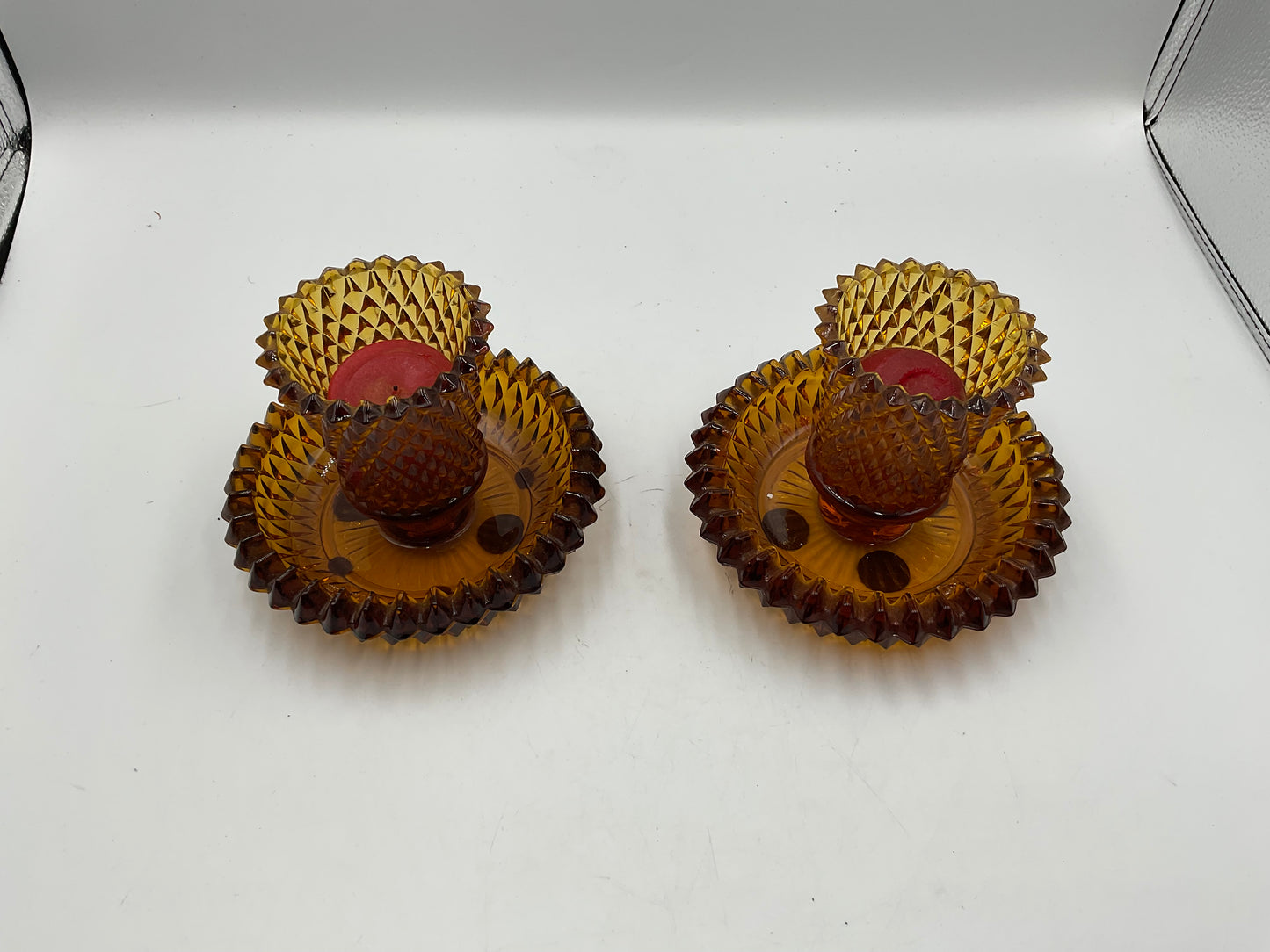 Set of 2 Vintage Diamond Cut Amber Glass Candle Holders