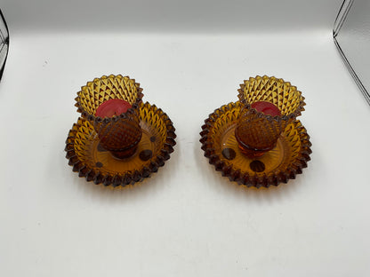 Set of 2 Vintage Diamond Cut Amber Glass Candle Holders