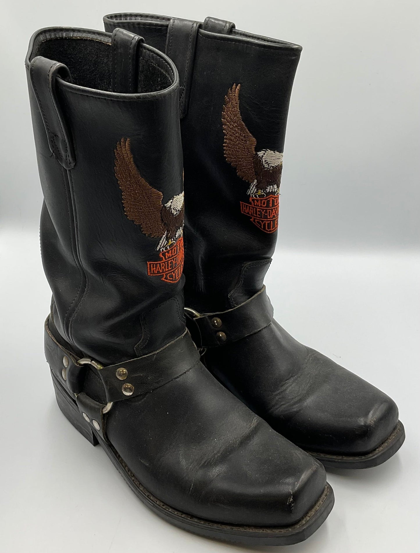 Square Toe USA Harley Davidson Screaming Eagle Black Leather Harness Boots Size 9