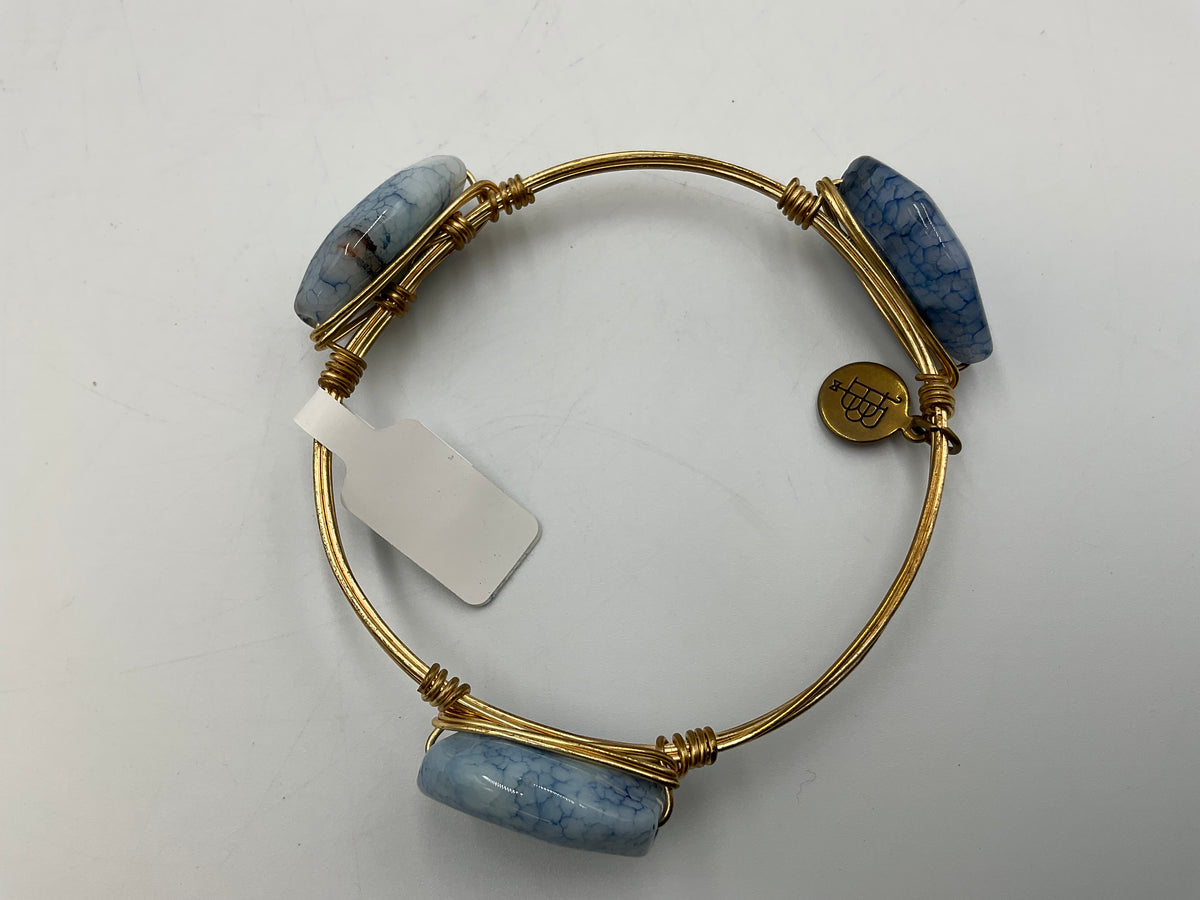 Bourbon and Boweties Bangle Gold Tone Wire Wrapped With Blue Marbled Stones