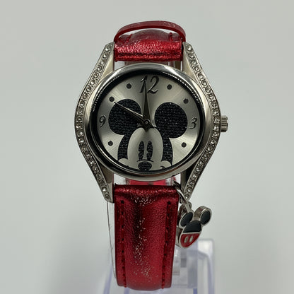 Disney Mickey Mouse Silvertone Rhinestone Glitter Red Watch New Battery