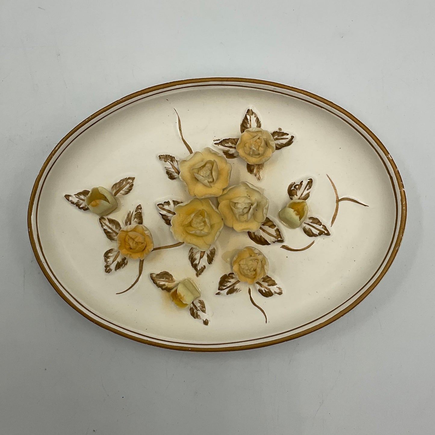 Vintage Lefton Japan Procelain Oval Wall Plaque Yellow Roses and Leaves