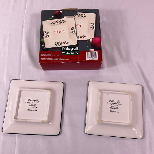 Pfaltzgraff Winterberry Peace Joy 2 Appetizer Plate Set 5.5 Inch Square New in Box