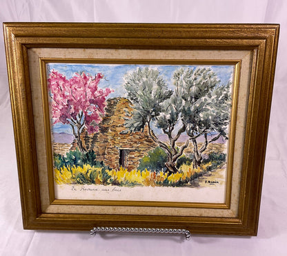 J. Suain Watercolor Painting En Provence Une Borie Wooden Framed