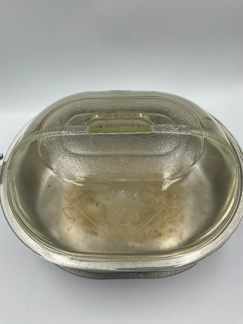 Vintage Guardian Service Hammered Oval Roaster Pan Glass Dome Lid