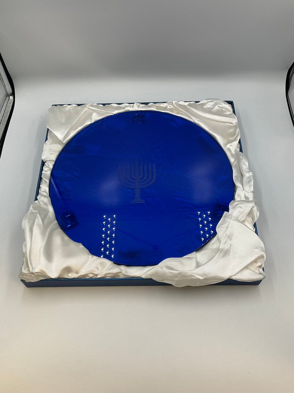 Cobalt Blue Glass Hanukkah Menorah Cake Plate / Serving Platter