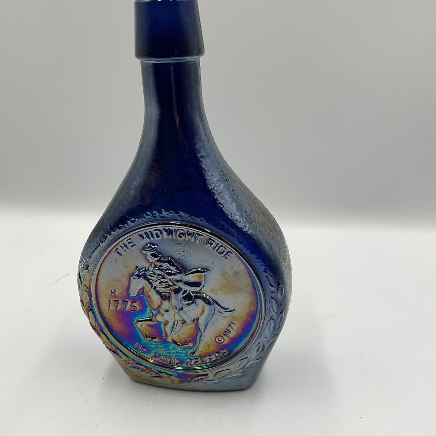 Vintage Wheaton “Great American Series”Blue Iridescent Carnival Glass Bottle