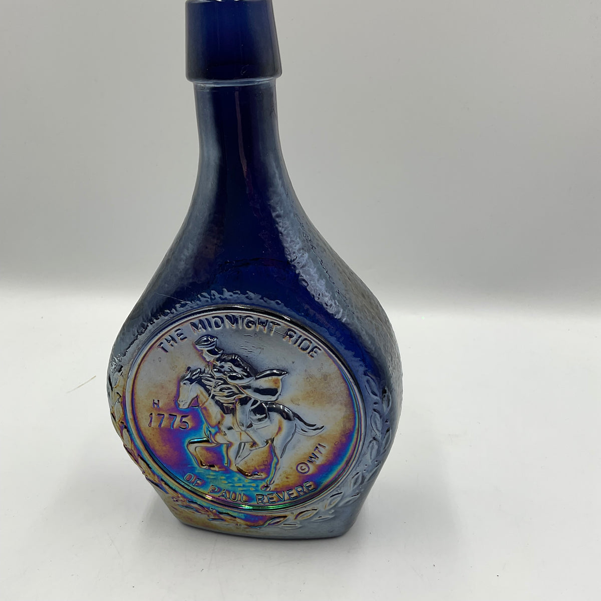 Vintage Wheaton “Great American Series”Blue Iridescent Carnival Glass Bottle
