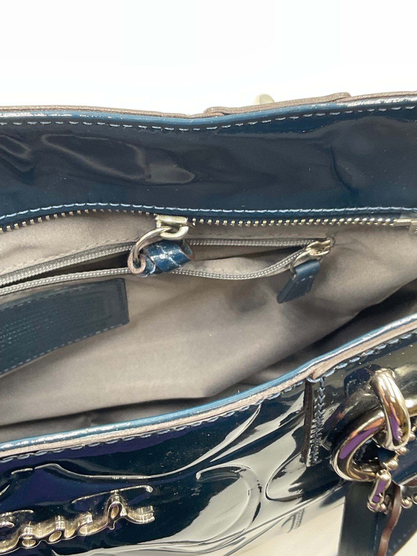 Coach Dark Teal Patent Leather Tote Silvertone Hardware Accents