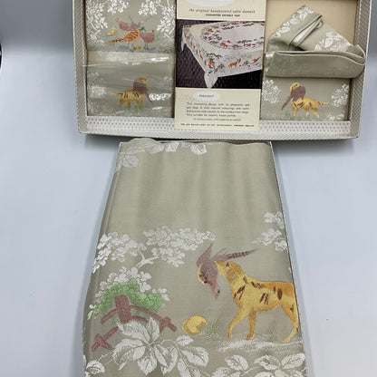 Vintage Old Bleach Tablecloth Pheasant Hunting with Matching Napkins