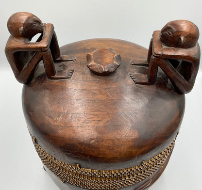 Vintage Balinese Hand Crafted Wood Trinket Jewelry  Box. Thinker Figures