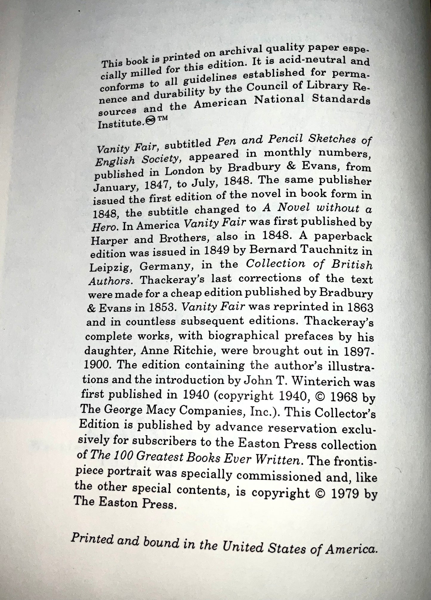 Vanity Fair by William Makepeace Thackeray Vintage 1979 The Easton Press 100 Greatest Books Ever Written Leather-Bound Collector's Edition