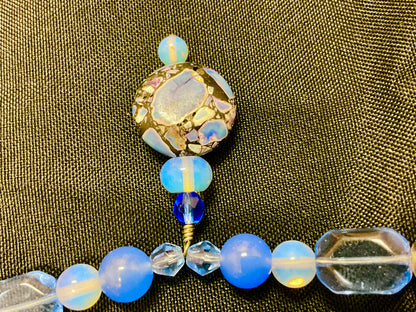 Blue and Gold Choker Necklace with Gold Leaf clasp and Stone Pendant