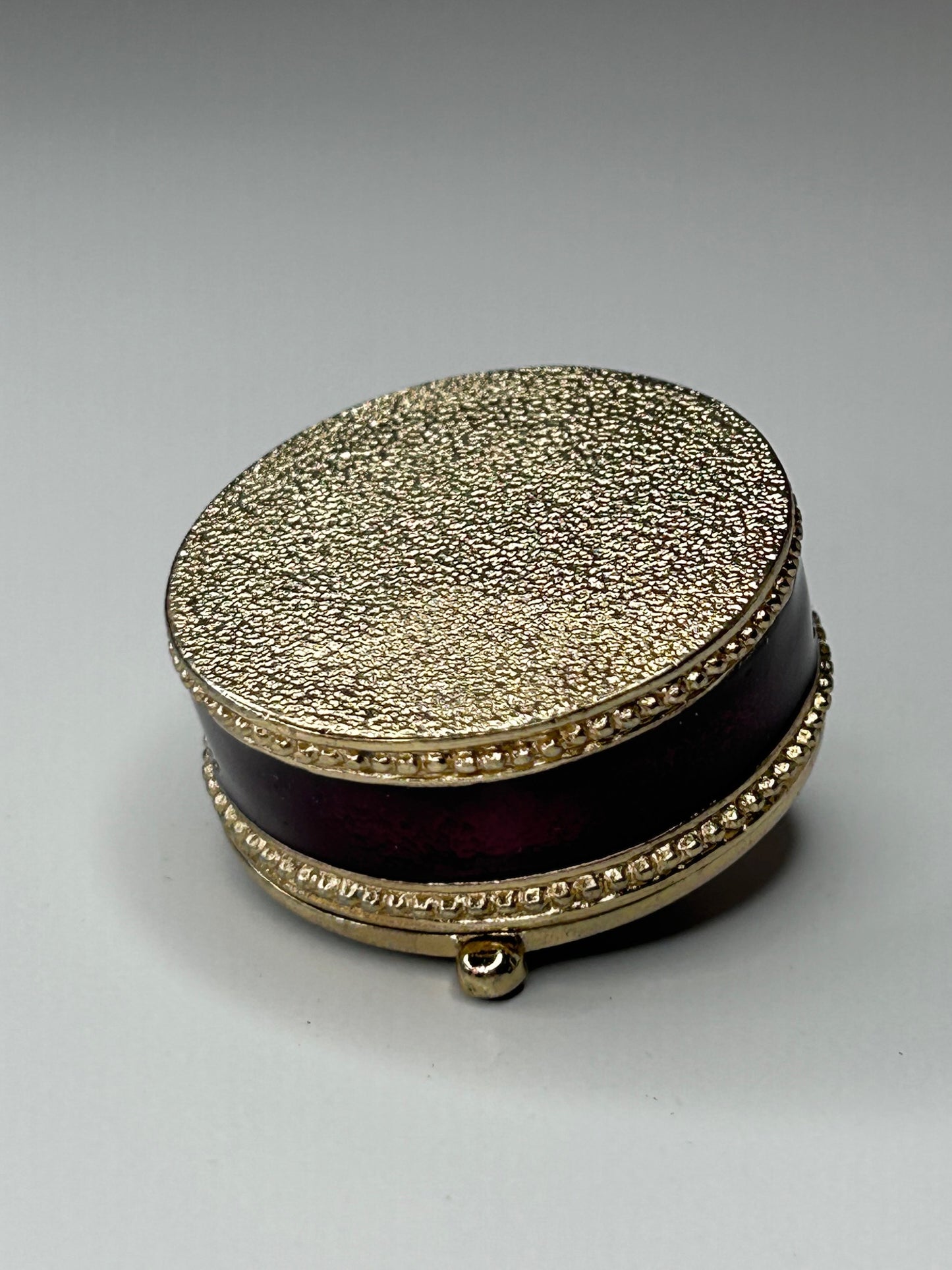 Elephant Pill Box Burgundy and Gold Enamel with Magnetic Closure 1.5" Diameter