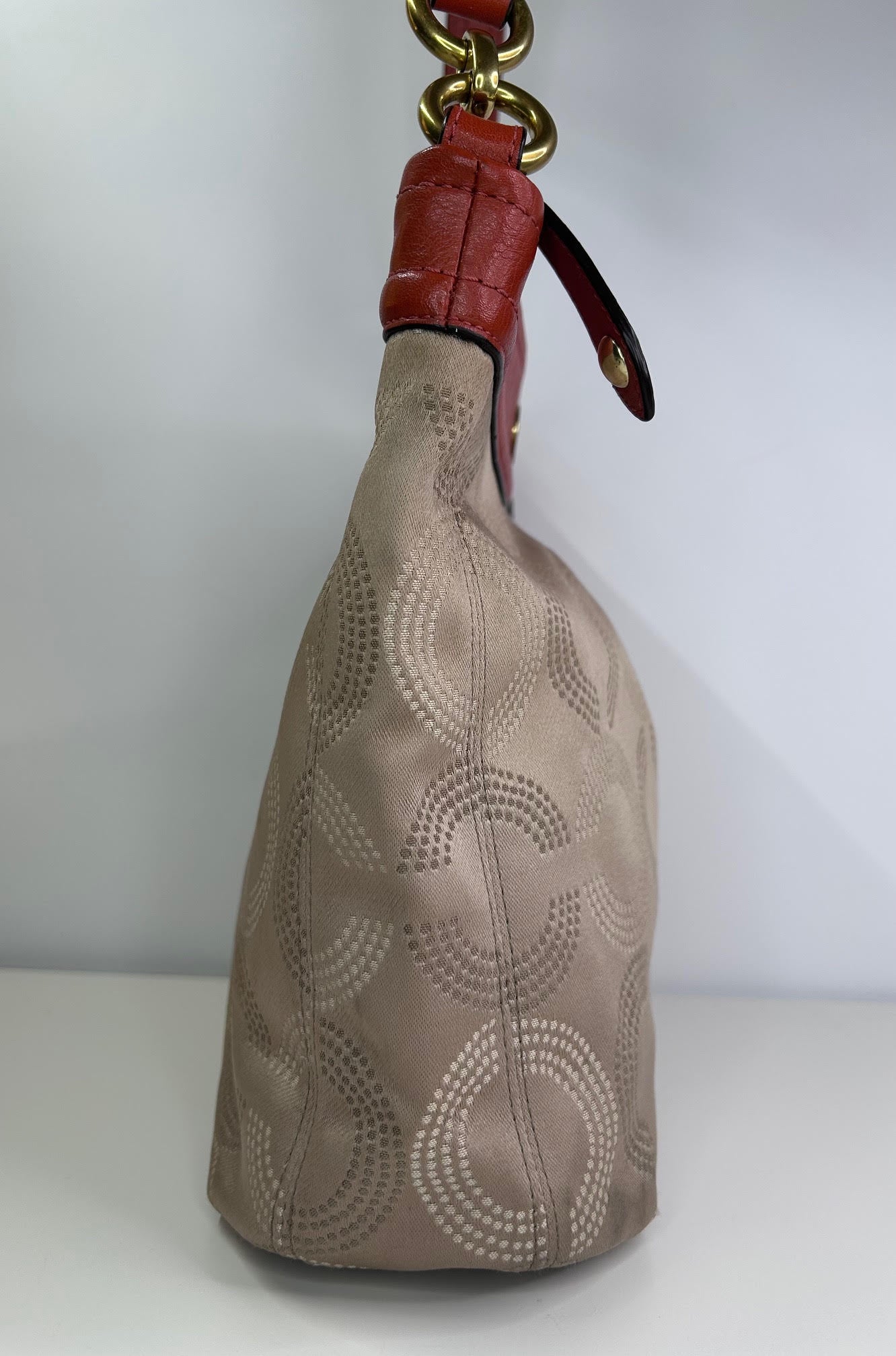 Coach Ashley Op Art Dotted Shoulder Bag Tan with Orange/Salmon Leather Accent