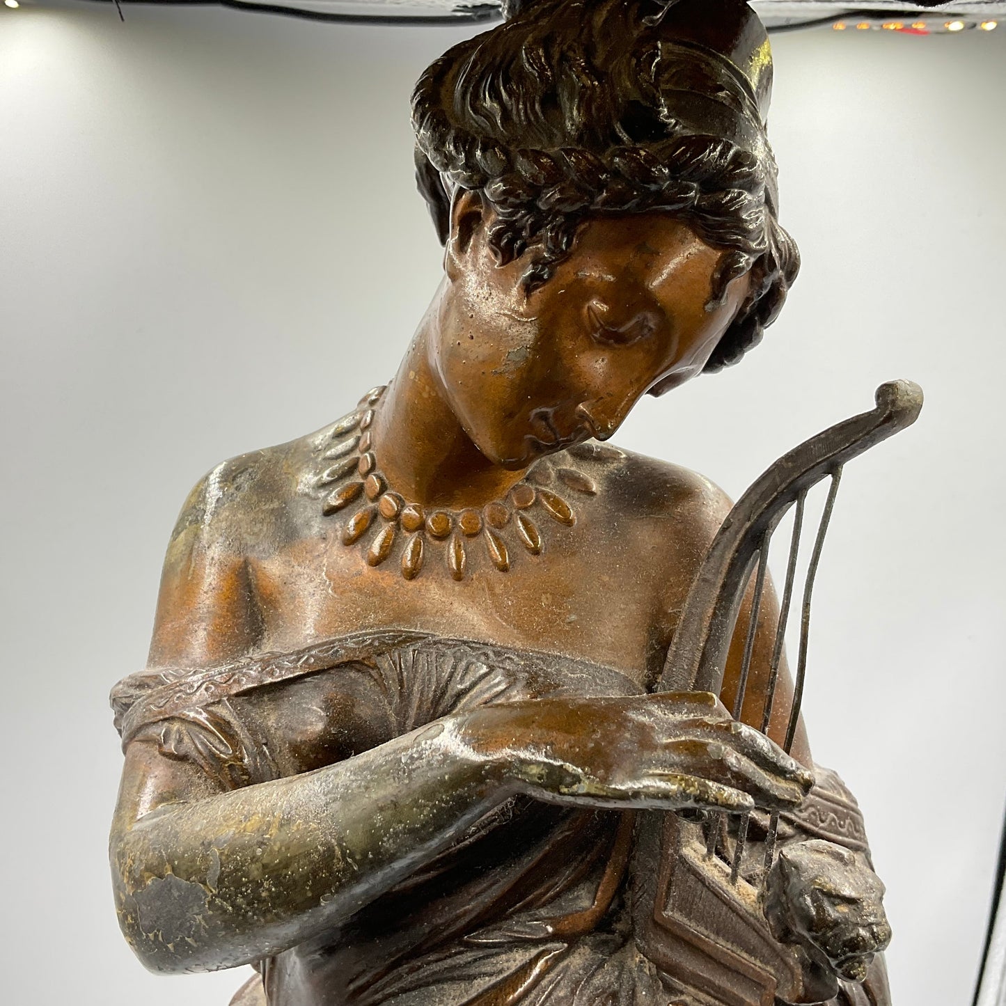 Painted Bronze Neoclassical Sculpture Lady with Lyre