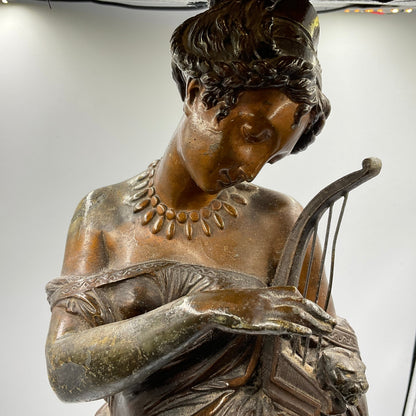 Painted Bronze Neoclassical Sculpture Lady with Lyre