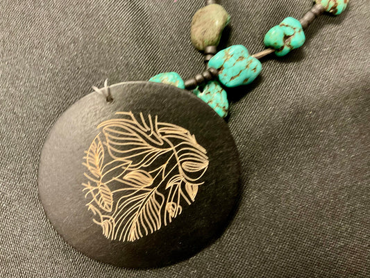 Turquoise Stone-Style Beaded Necklace Gold Color Leaf Large Dark Wood Pendant 26.5"