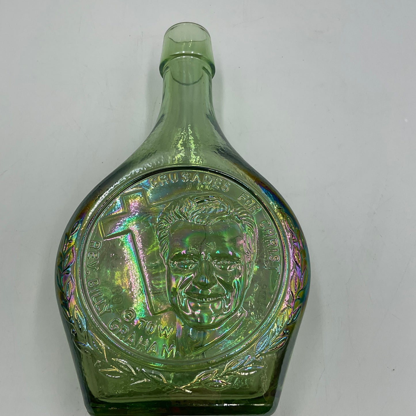 Vintage Wheaton Featuring Billy Graham Green Iridescent Carnival Glass Bottle