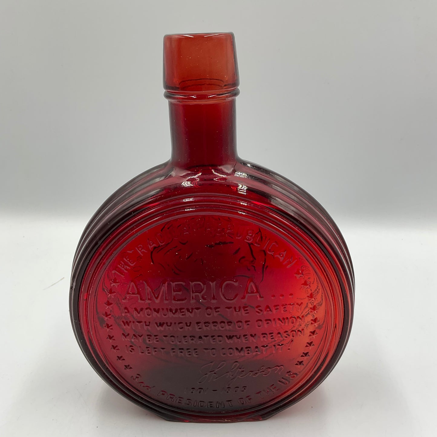 Vintage Wheaton Ruby Red Portrait of Thomas Jefferson Carnival Glass Bottle