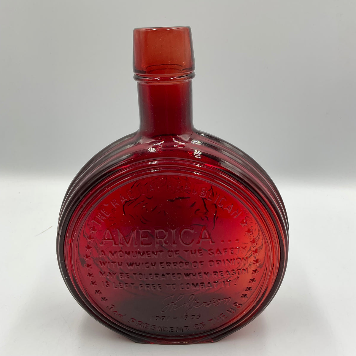 Vintage Wheaton Ruby Red Portrait of Thomas Jefferson Carnival Glass Bottle