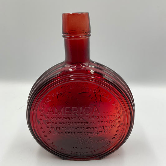 Vintage Wheaton Ruby Red Portrait of Thomas Jefferson Carnival Glass Bottle