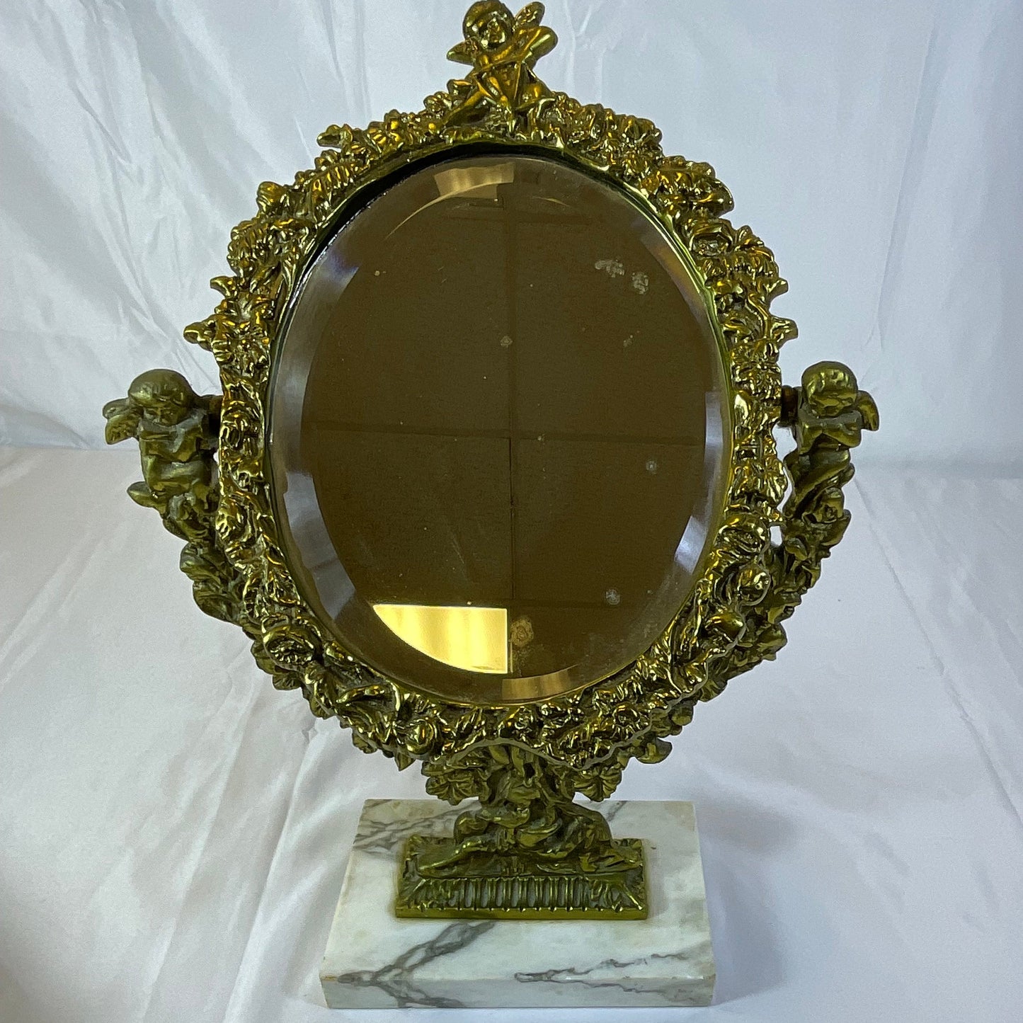 Brass and Marble Vintage Cherub Vanity Mirror 16 Inches x 10 Inches