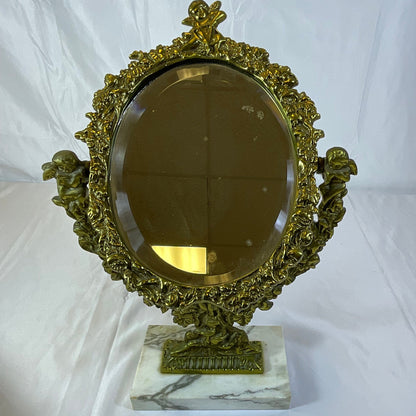 Brass and Marble Vintage Cherub Vanity Mirror 16 Inches x 10 Inches