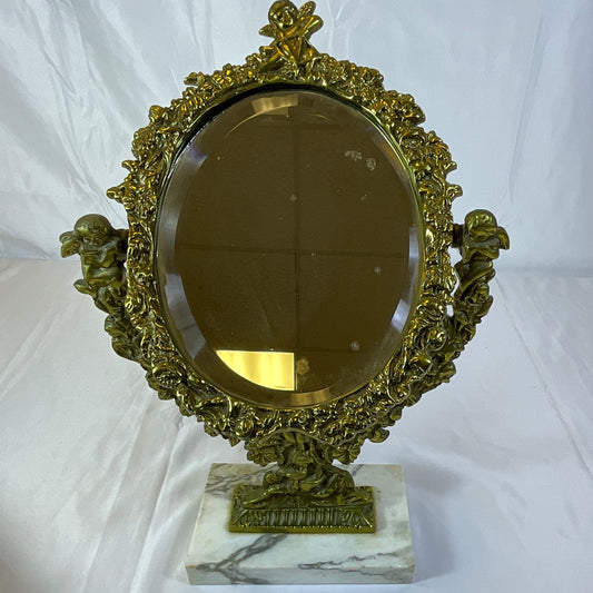 Brass and Marble Vintage Cherub Vanity Mirror 16 Inches x 10 Inches