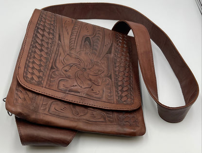 Leaders in Leather Brown Hand Tooled Leather Western Crossbody Messenger Bag